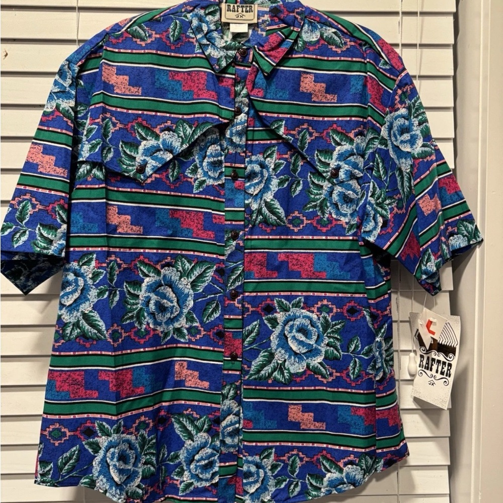 Blue and Green Button Down Shirt with Floral Design